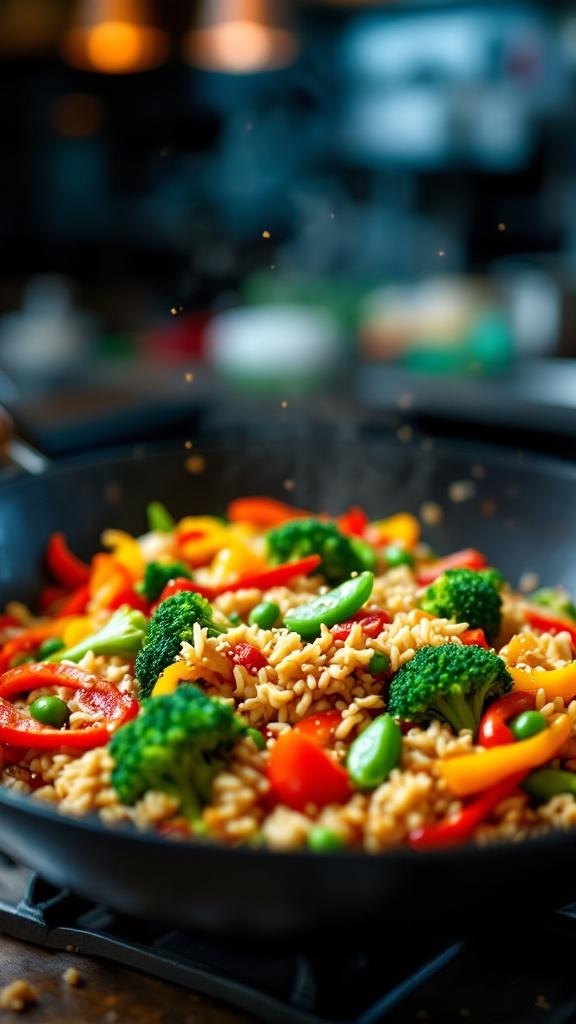 A colorful stir-fry with whole grain rice, broccoli, bell peppers, and snap peas in a skillet.