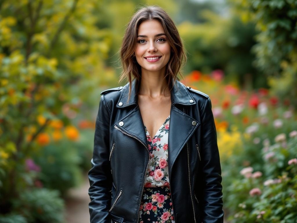 Model wearing a floral blouse and skirt with a leather jacket in a garden setting.