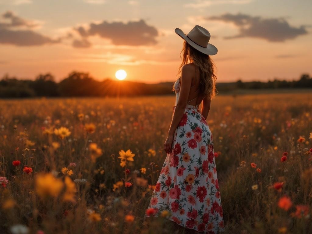 A woman in a floral maxi skirt stands in a field during sunset.