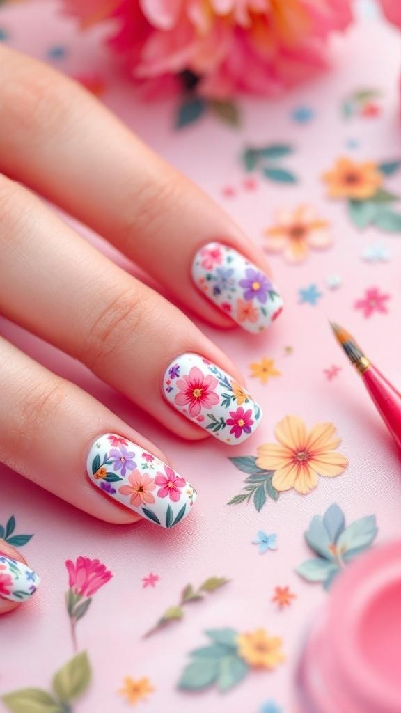 Close-up of floral nail art with colorful stickers on a light background