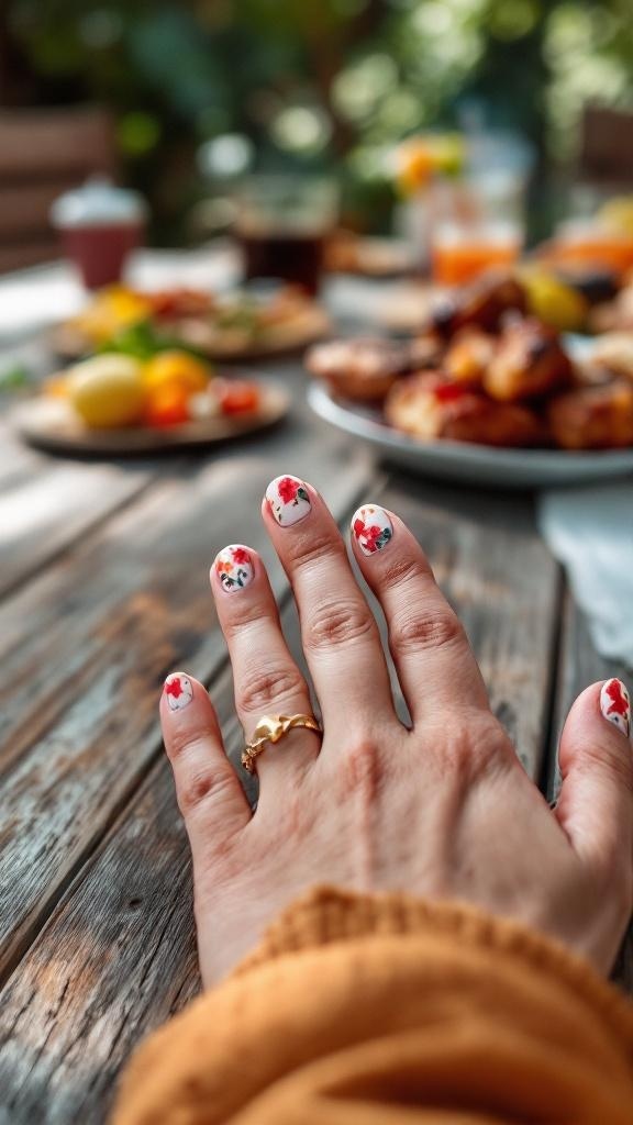 A hand with floral nail art resting on a wooden table with food and drinks in the background.