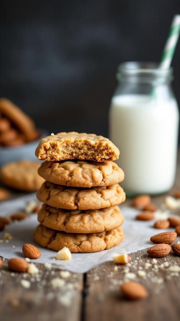 A stack of flourless almond butter cookies with one cookie bitten, surrounded by almonds and a glass of milk.