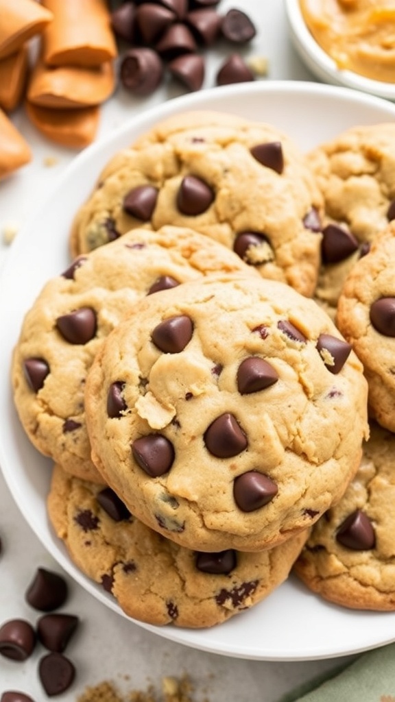 A plate of flourless chocolate chip cookies with chocolate chips scattered around.