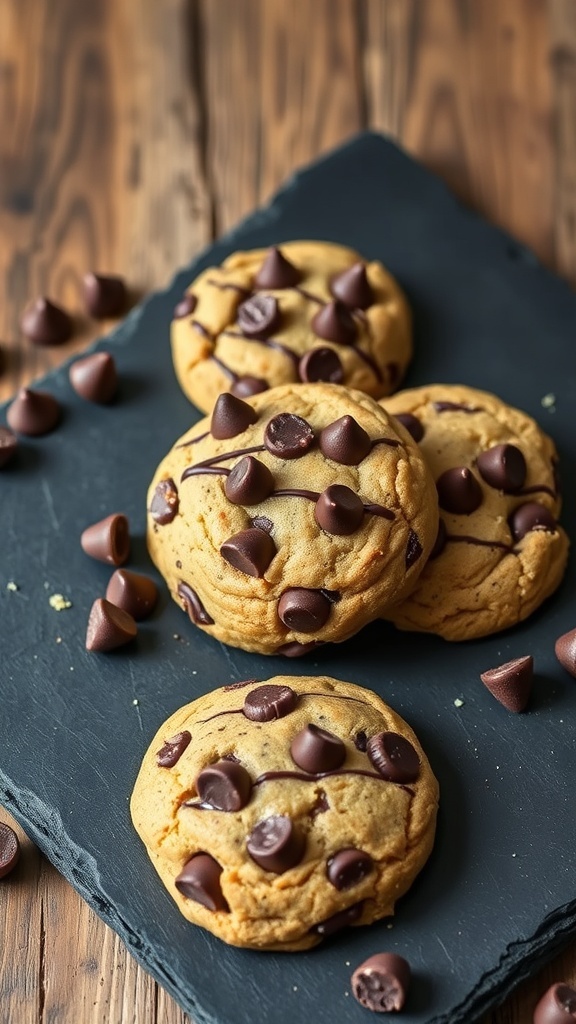 Flourless keto chocolate chip cookies on a slate board