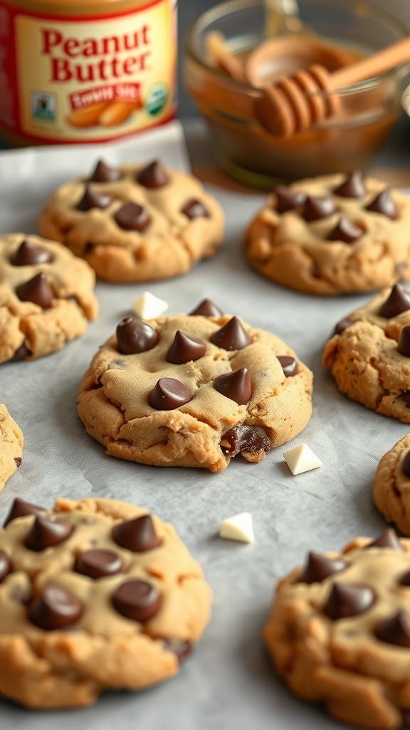 Flourless peanut butter chocolate chip cookies on a baking sheet, with a jar of peanut butter and honey in the background.