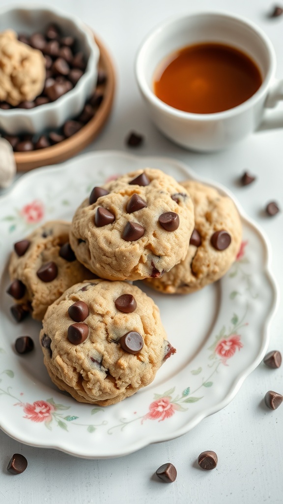 Flourless chocolate chip cookies on a floral plate with a cup of coffee and scattered chocolate chips.