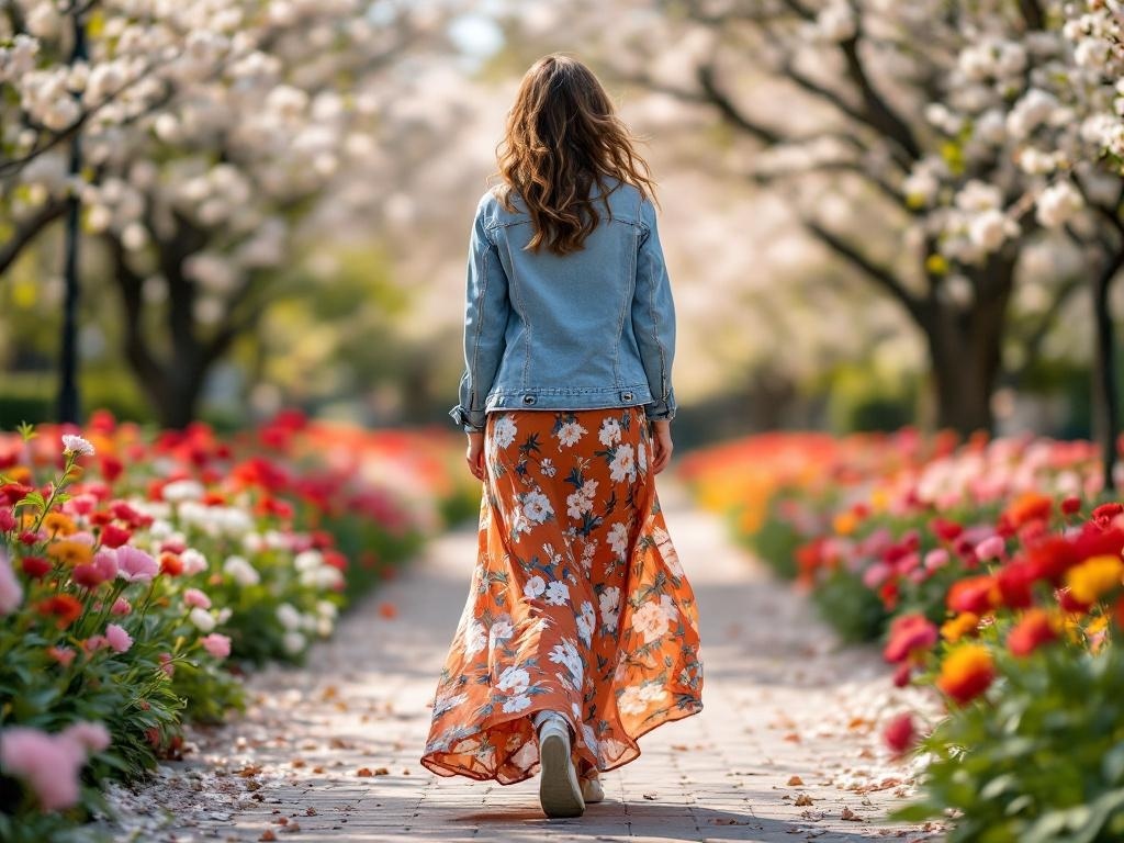 A woman walking in a floral maxi skirt and denim jacket through a flower garden.