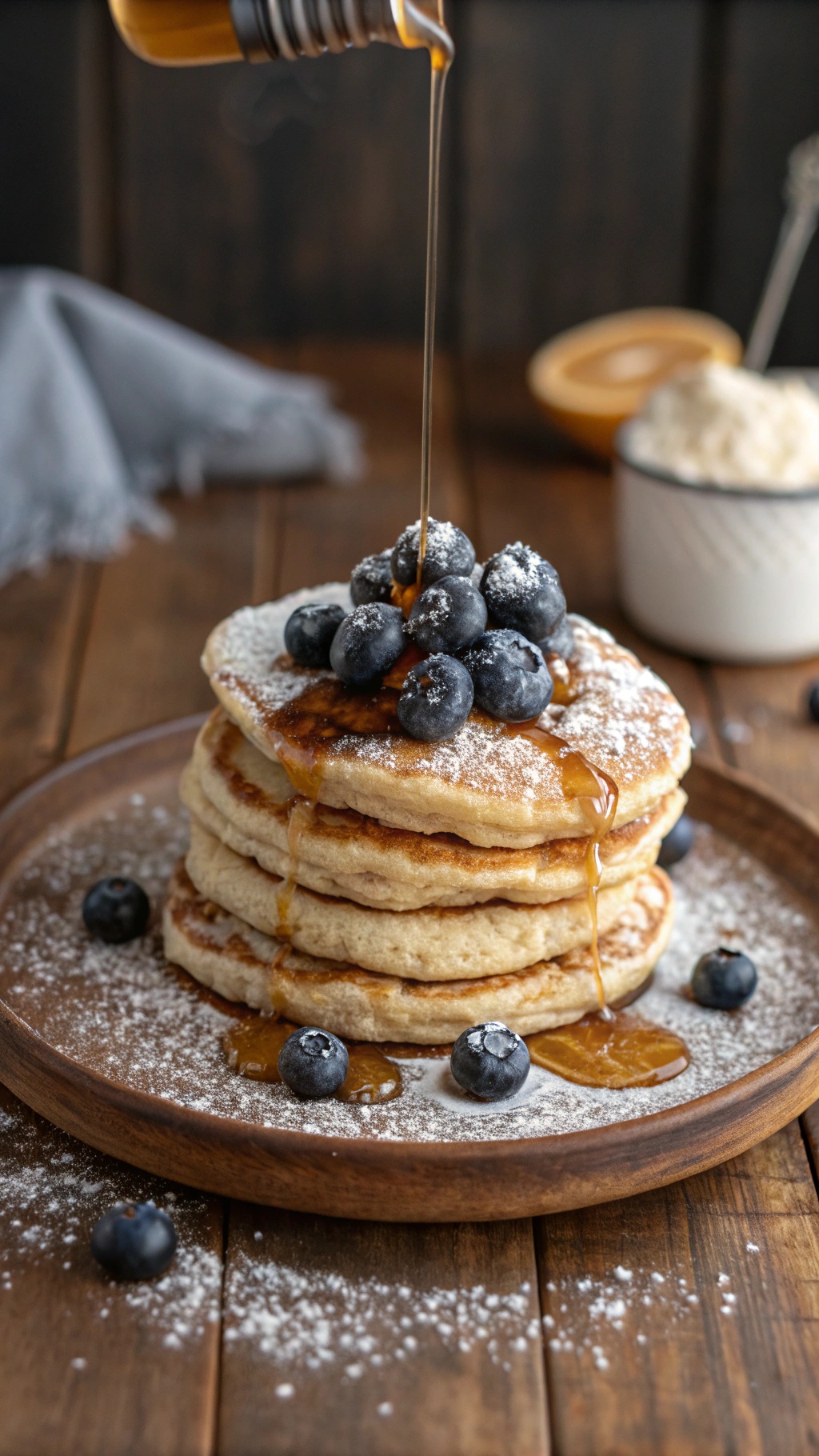 Fluffy almond flour pancakes topped with blueberries and maple syrup
