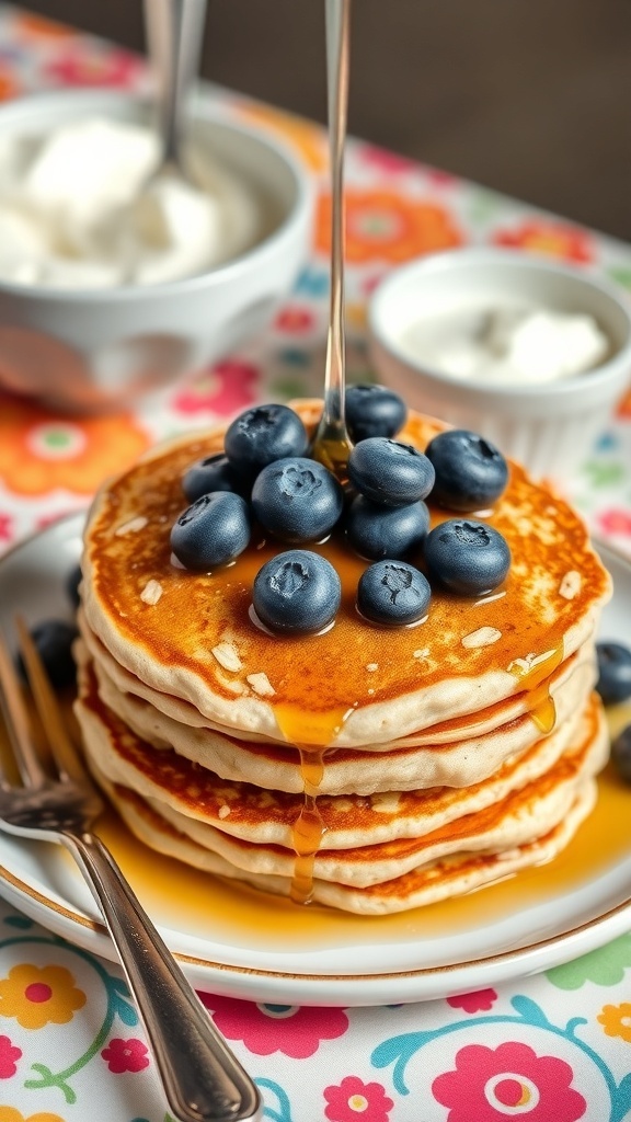 Fluffy blueberry oatmeal pancakes stacked with syrup and blueberries on top