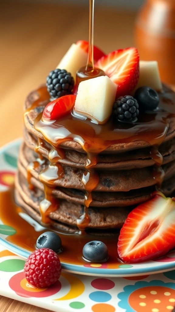 Fluffy chocolate pancakes topped with fresh berries and syrup