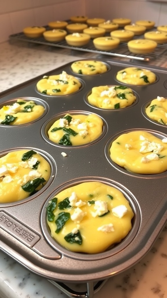 Fluffy egg muffins with spinach and feta in a muffin tray, ready to bake.