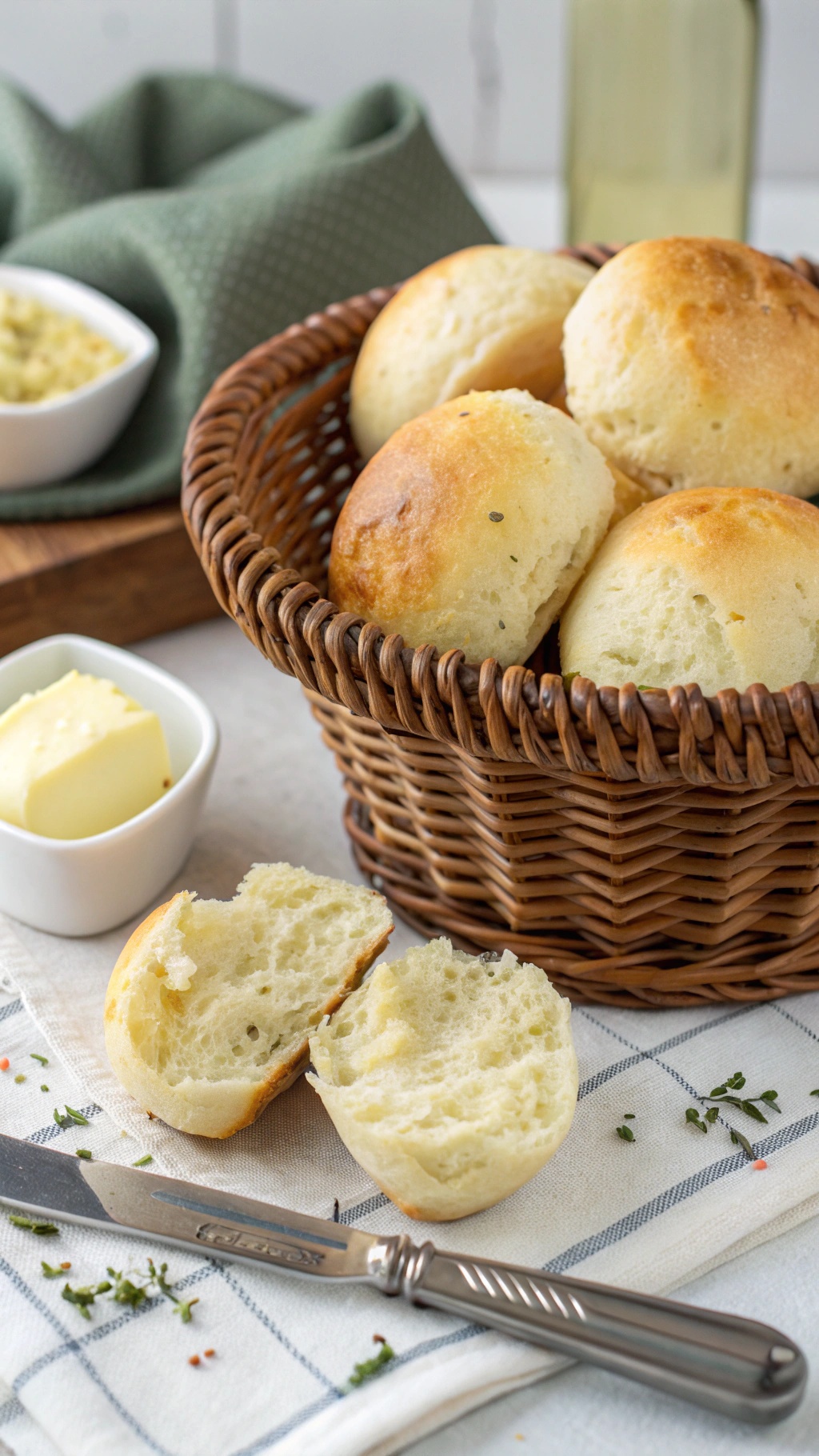 A basket of fluffy keto garlic bread rolls with butter on the side