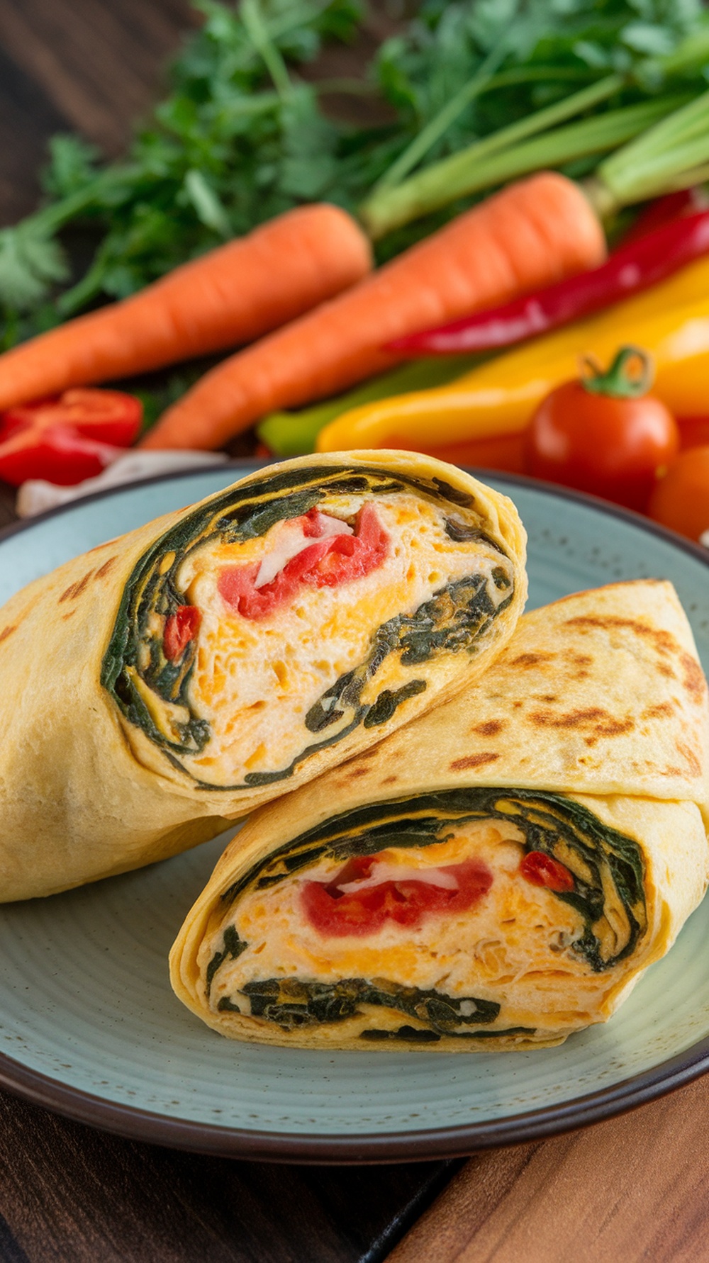 Fluffy omelette wraps filled with spinach and tomatoes on a plate