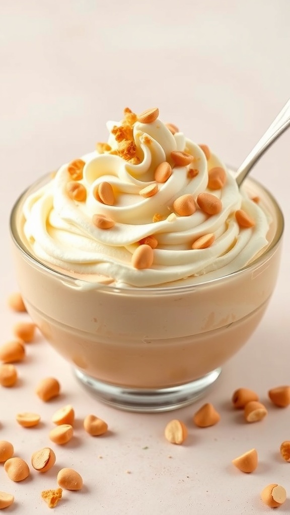 A bowl of fluffy peanut butter mousse topped with whipped cream and peanut butter chips.