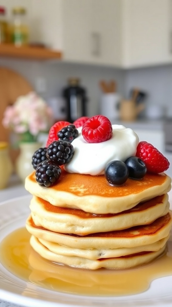 Fluffy protein pancakes topped with Greek yogurt and fresh berries, served with syrup.