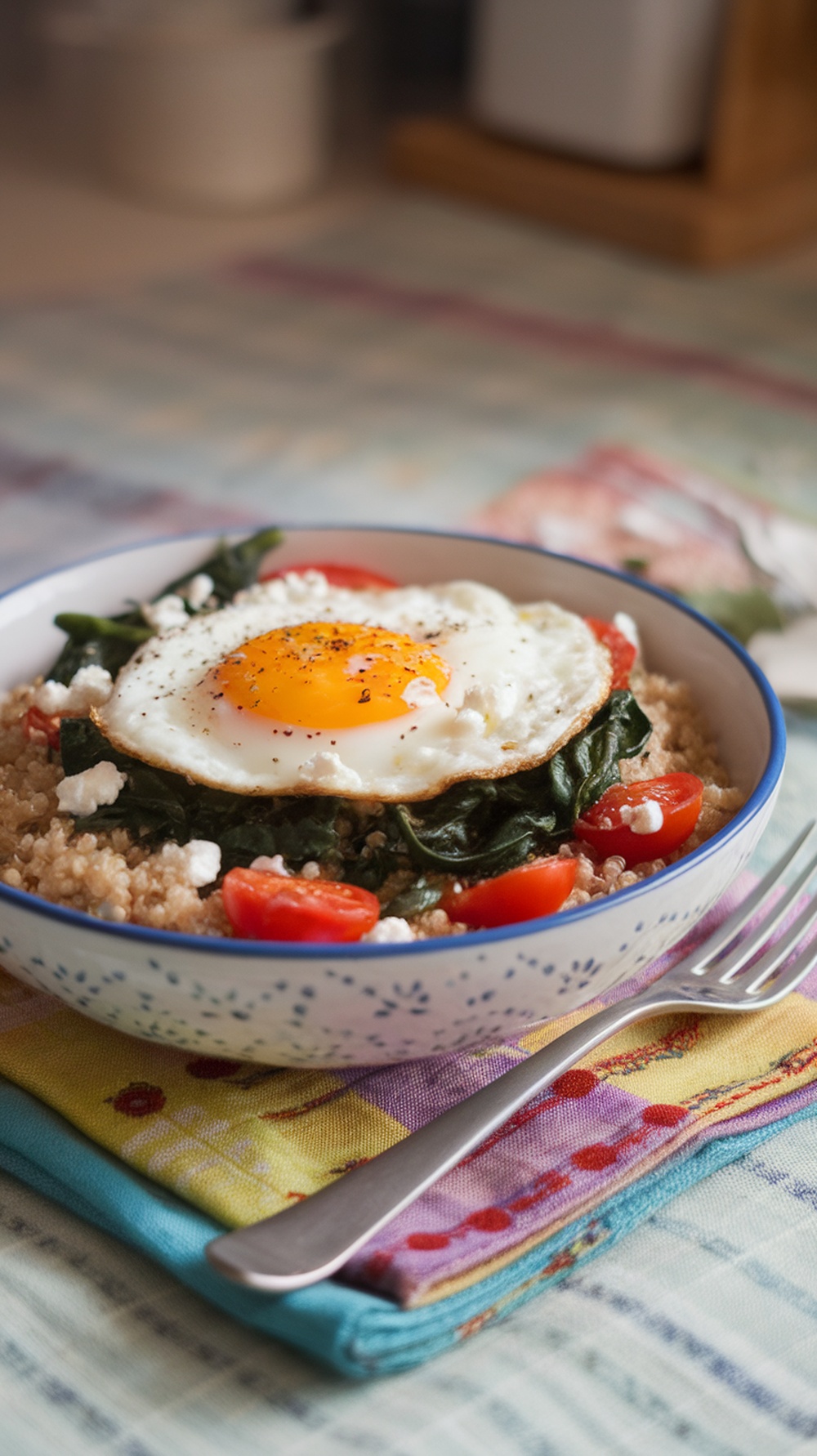 A bowl of fluffy quinoa topped with spinach, cherry tomatoes, and a fried egg.