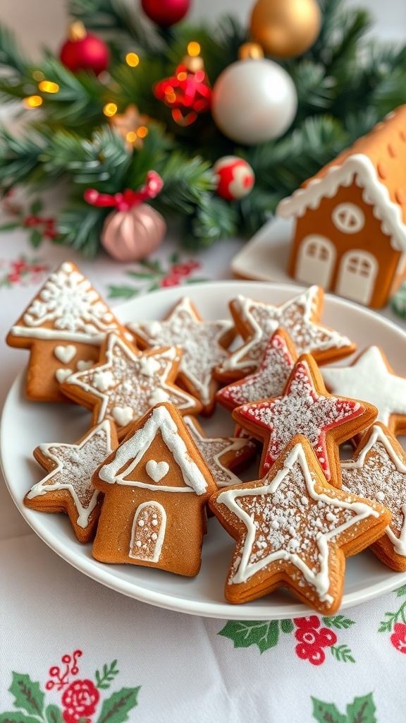 A plate of beautifully decorated gingerbread cookies shaped like stars and houses, surrounded by festive decorations.