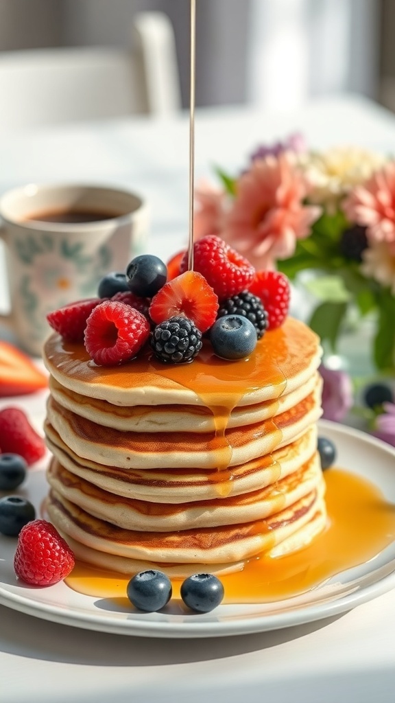 A stack of fluffy vegan pancakes topped with fresh berries and syrup, served with a cup of coffee.
