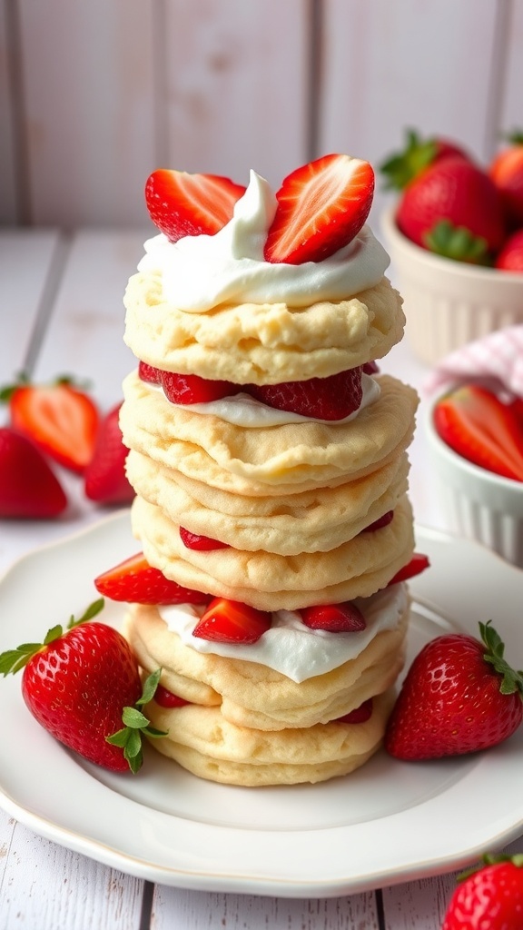 Fluffy vegan strawberry shortcake bites stacked on a plate with fresh strawberries and mint leaves