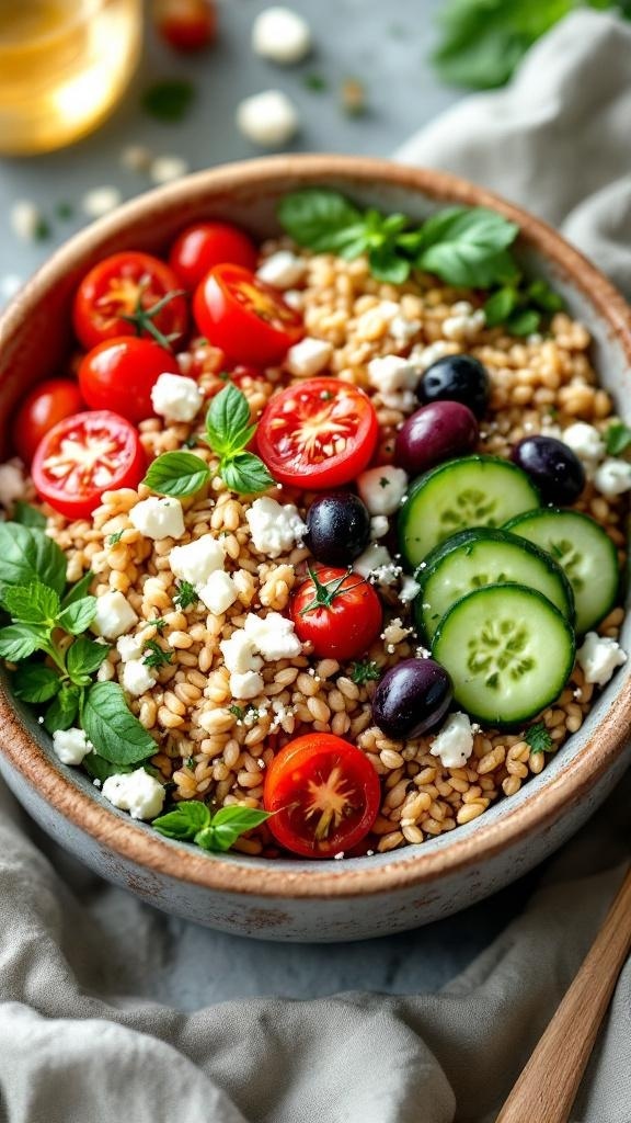 A Mediterranean grain bowl with cherry tomatoes, cucumbers, olives, and feta cheese.