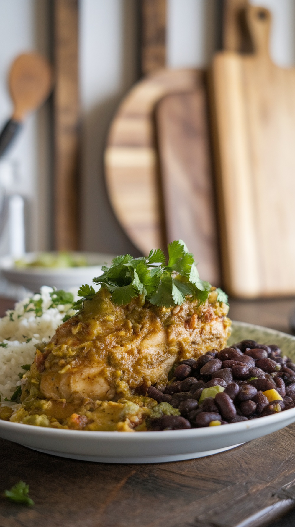 A plate of Salsa Verde Chicken served with rice and black beans, garnished with cilantro.