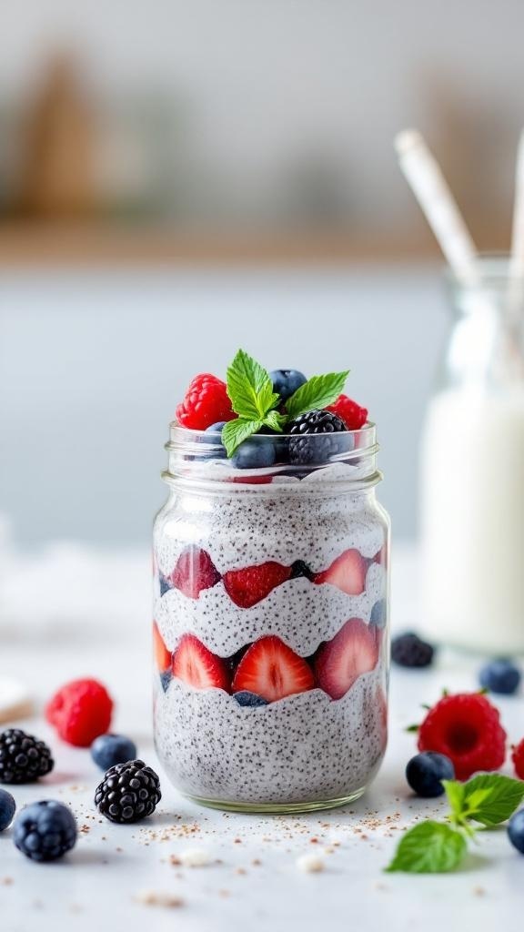 A jar of colorful chia seed pudding layered with fresh berries and mint leaves