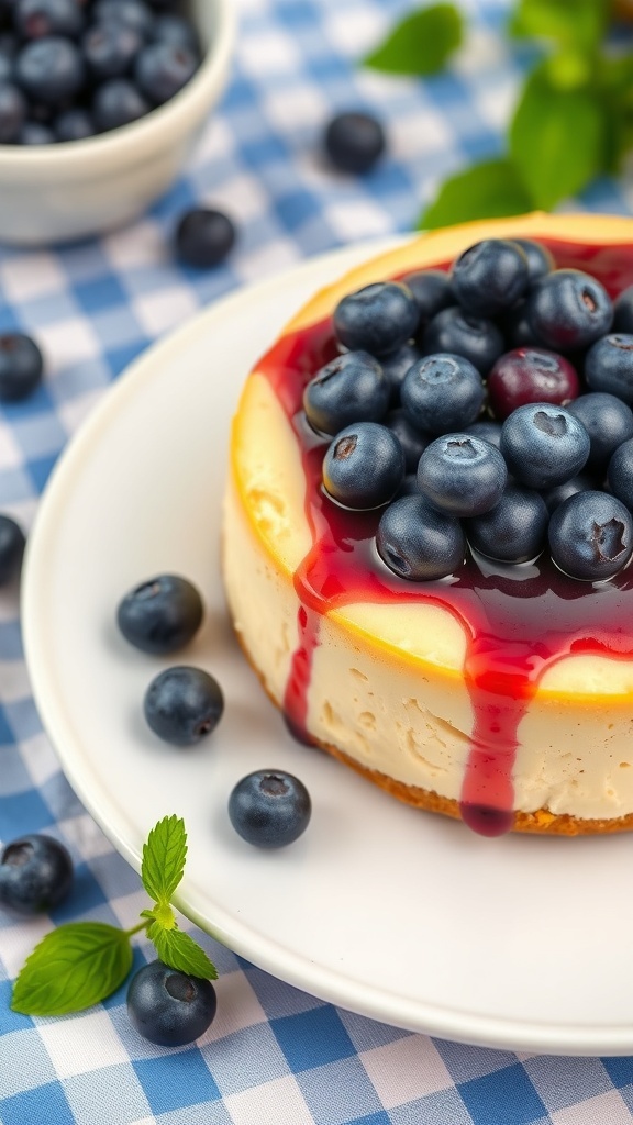 Fresh blueberry vegan cheesecake topped with blueberries and sauce on a checkered tablecloth.