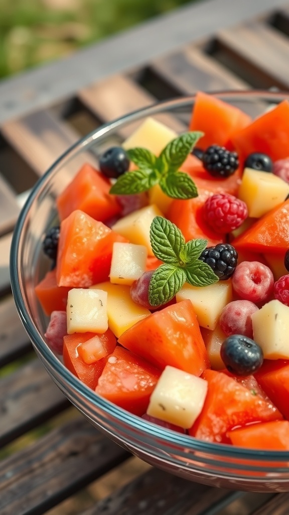 A colorful bowl of fresh fruit salad with watermelon, pineapple, strawberries, blueberries, raspberries, and mint leaves.