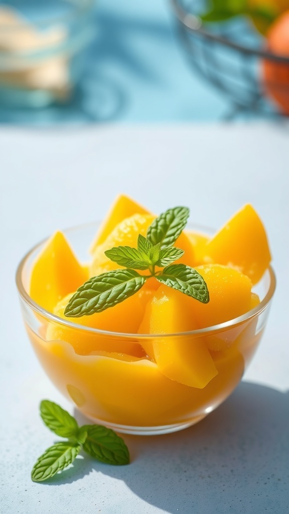 A bowl of fresh mango sorbet topped with mint leaves, showcasing vibrant yellow mango pieces.