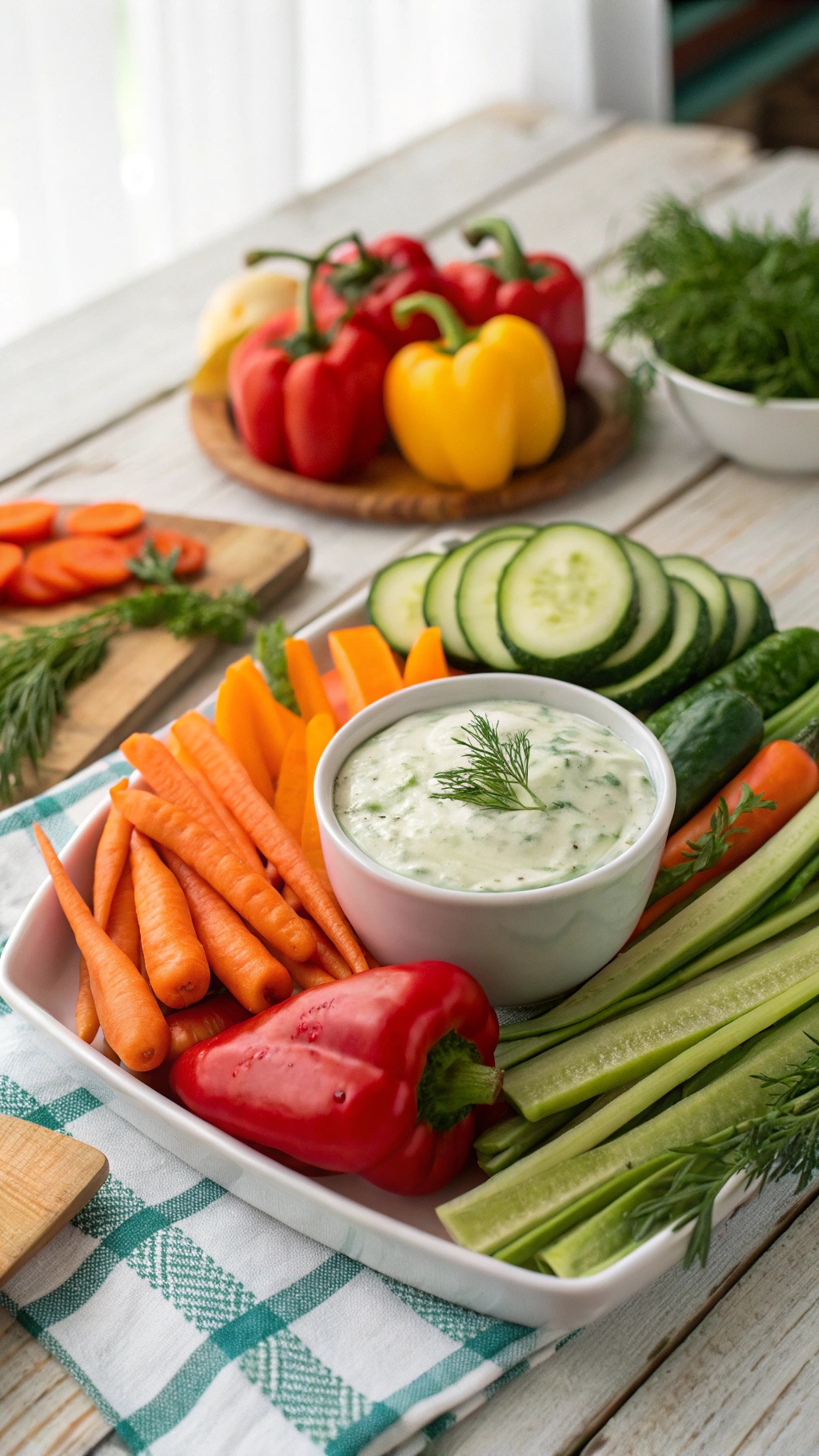 A fresh vegetable platter with carrots, cucumbers, bell peppers, and a creamy herb dip.