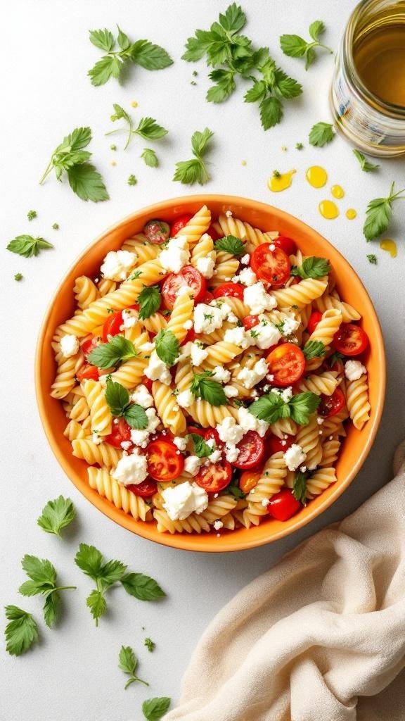 A colorful bowl of fresh veggie and feta pasta salad with cherry tomatoes, cucumbers, and herbs.