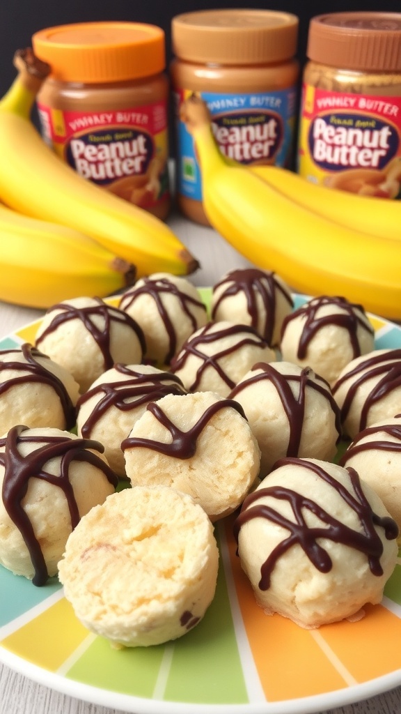 Frozen Banana Peanut Butter Bites on a colorful plate with jars of peanut butter and bananas in the background.