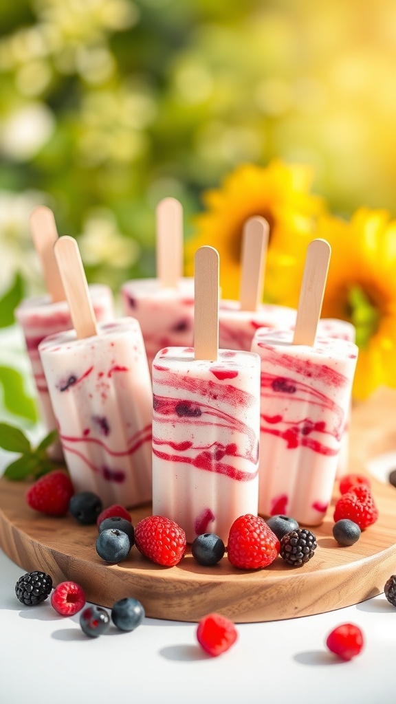 Colorful frozen berry yogurt pops on a wooden platter with fresh berries around them.