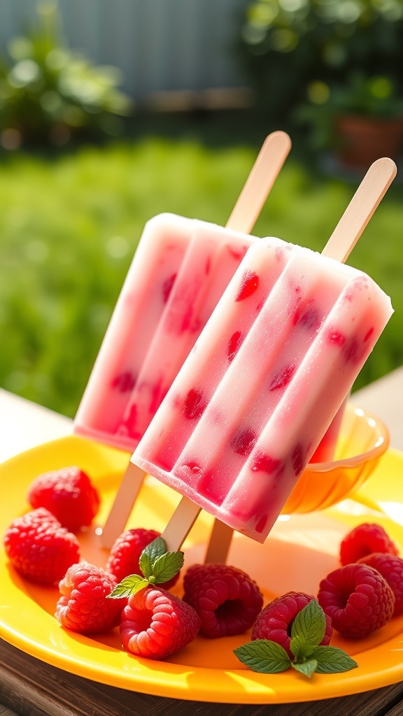 Colorful low-carb raspberry popsicles on a yellow plate, surrounded by fresh raspberries.