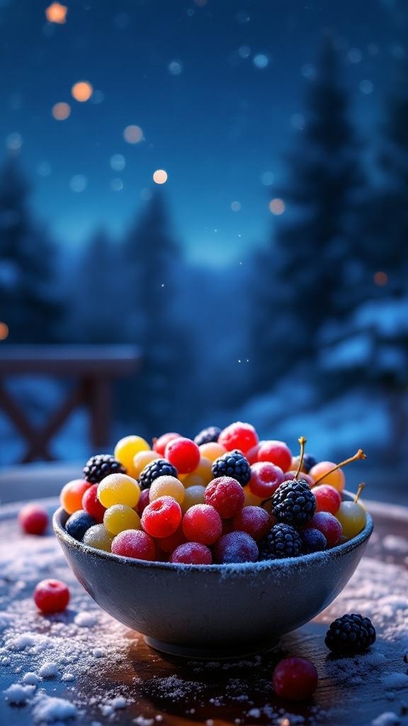 A bowl of frozen grapes and berries on a snowy surface with a wintery background.