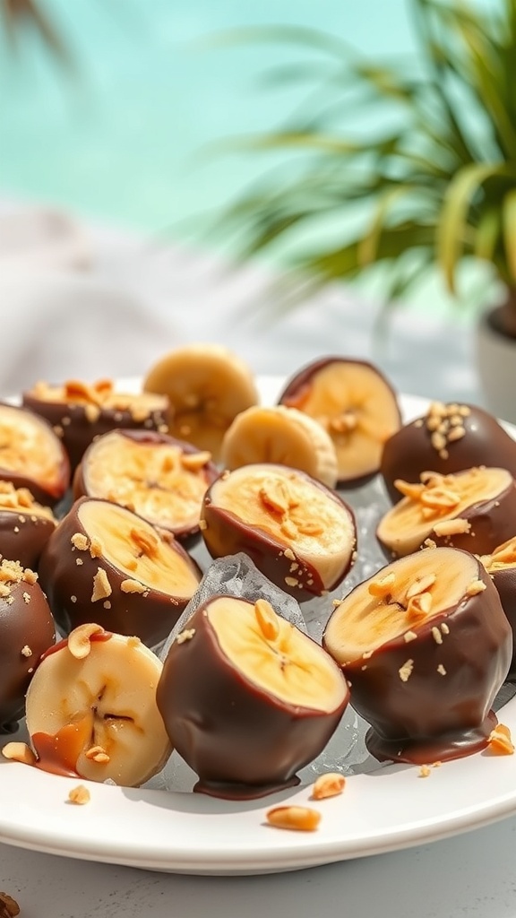A plate of frozen peanut butter banana bites dipped in chocolate and topped with crushed peanuts.
