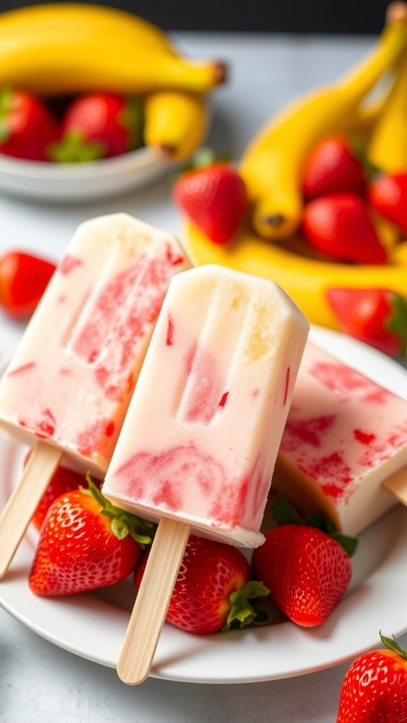Frozen Strawberry Banana Pops on a plate with fresh strawberries and bananas in the background.