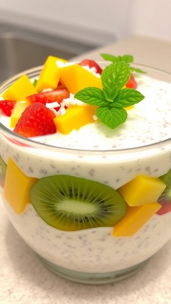 A bowl of coconut chia pudding topped with fresh fruits like mango, strawberries, kiwi, and blackberries.