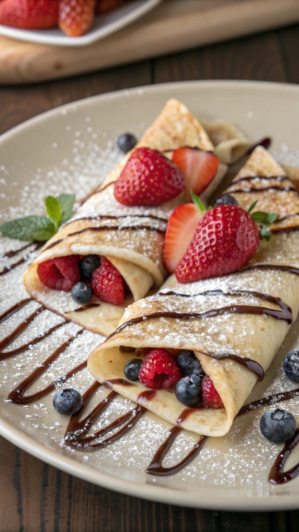 Delicious fruit-stuffed crepes topped with strawberries, blueberries, and chocolate syrup.