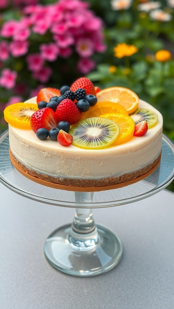 A delicious fruit-topped vanilla cheesecake with colorful berries and citrus slices, displayed on a glass cake stand.