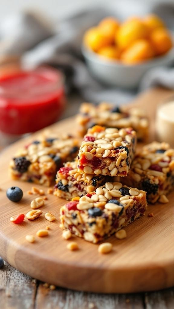 An assortment of homemade fruit and nut bars on a wooden board, with dried fruits and nuts scattered around.