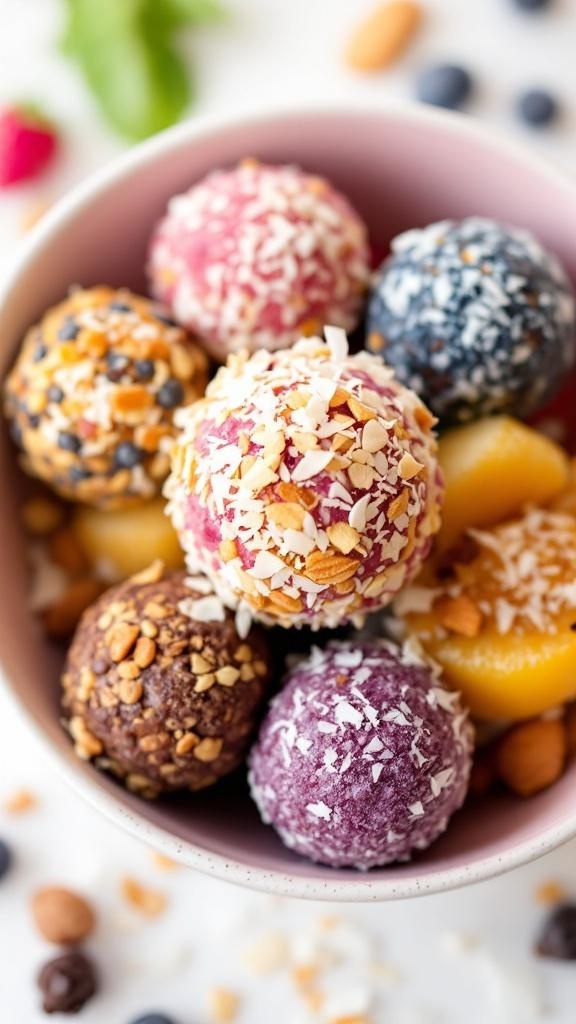 A bowl filled with colorful fruit and nut energy balls, showcasing various toppings like coconut and nuts.