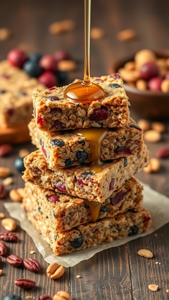 A stack of fruit and nut granola bars drizzled with honey, surrounded by nuts and berries.