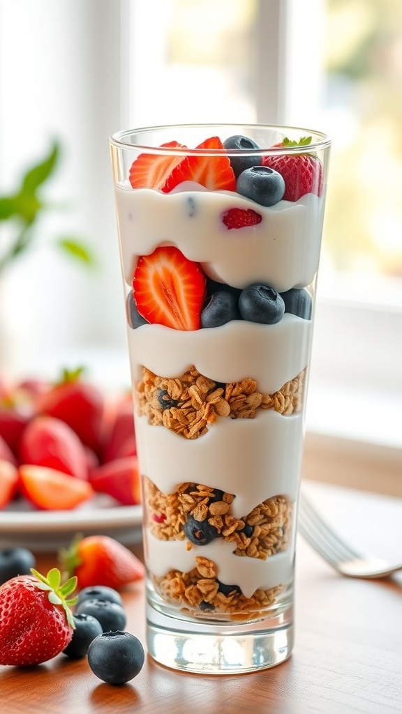A delicious fruit and yogurt parfait with layers of yogurt, granola, and fresh berries.