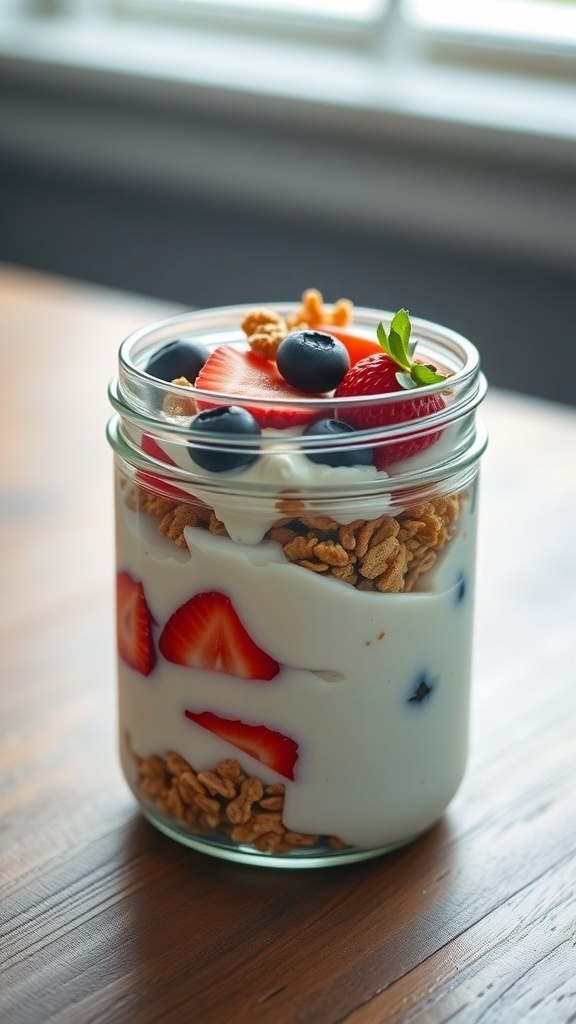 A jar filled with layers of yogurt, granola, and fresh berries.