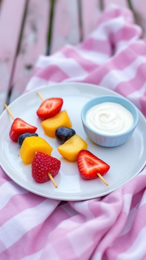 Fruit kabobs with strawberries, mango, blueberries, and a yogurt dip on a white plate