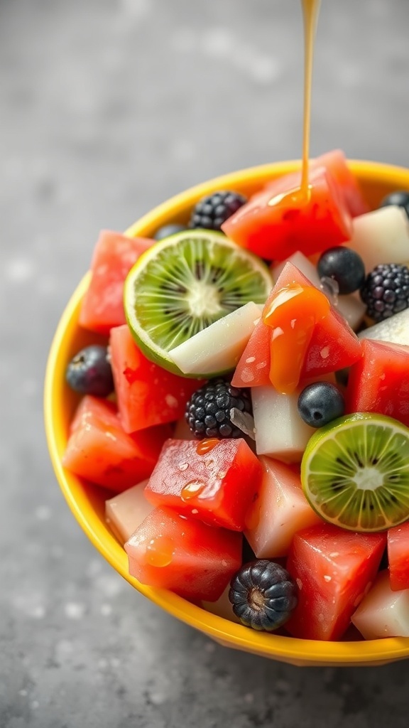 A vibrant fruit salad with watermelon, honeydew, and blackberries drizzled with honey-lime dressing.