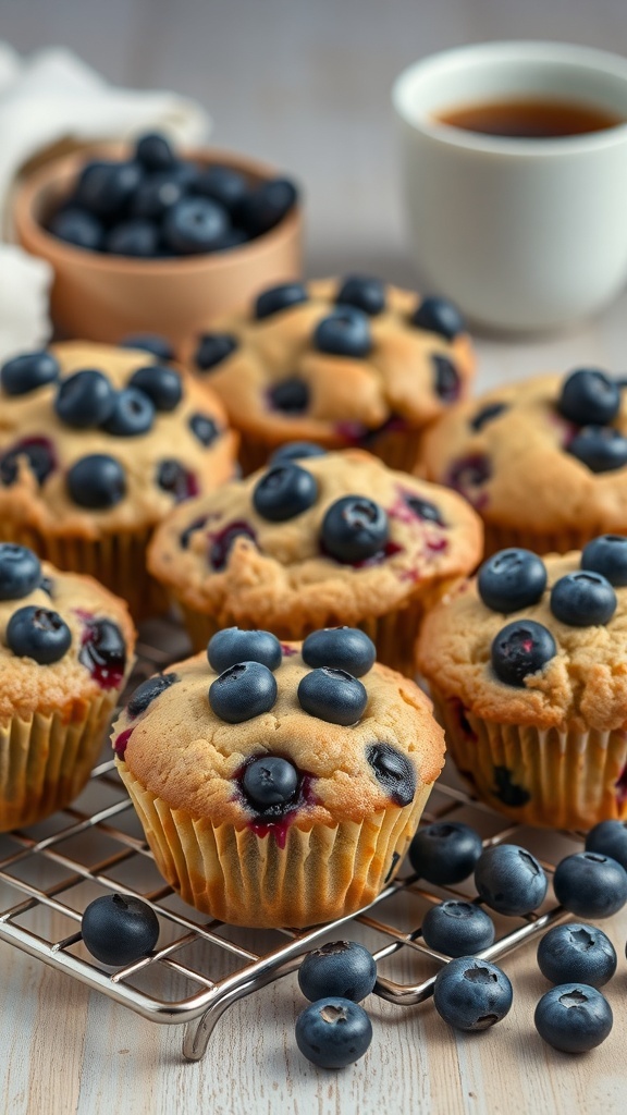Freshly baked blueberry muffins on a cooling rack with blueberries and a cup of coffee in the background.