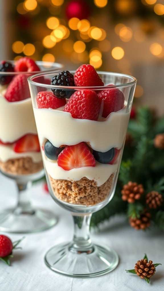 No-bake cheesecake parfaits with layers of cream cheese filling, graham cracker crust, and fresh berries.
