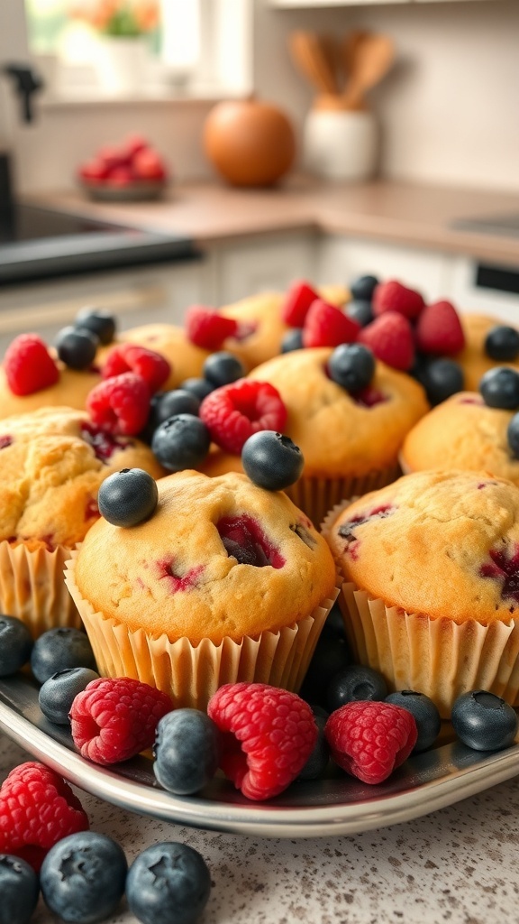 A plate of freshly baked mixed berry muffins topped with blueberries and raspberries